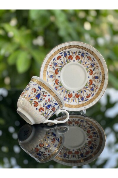 Elta Collection 6 Kişilik Çini Desenli Altın Yaldızlı Porselen Çay ve Kahve F...