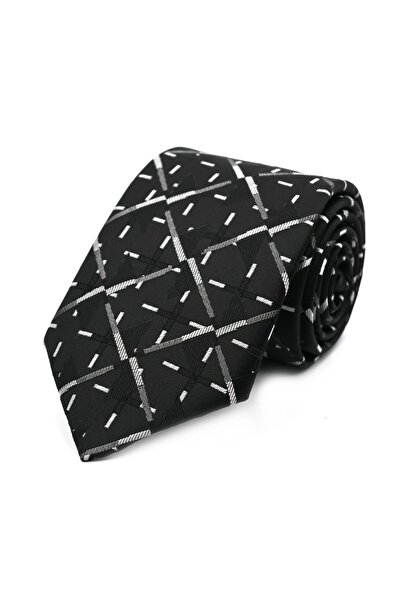 Sade Kravat Siyah Gri Beyaz Özel Desenli Kravat 31907 Siyah