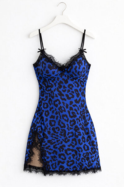 MEVABU Leopard Lace Detail Slit Ultra Mini Nightgown