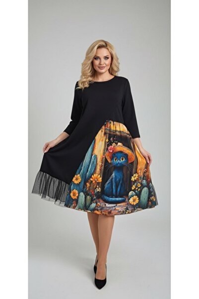 GLAMSI Cat-Print Dress with Lace Inserts