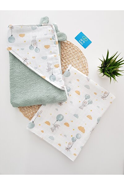 artıbebe Balonlu Bebek Banyo Havlu Seti | Müslin Battaniye + Kapüşonlu Pamuk ...