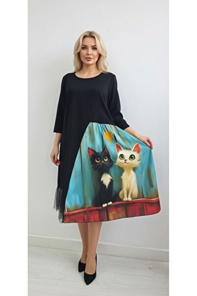 GLAMSI Cat-Print Dress with Lace Inserts