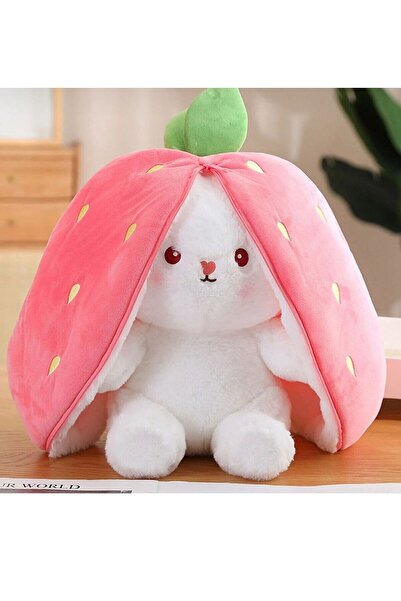 ABB 50 cm çilek çantalı tavşan peluş sevgiliye özel pembe ve turuncu renk