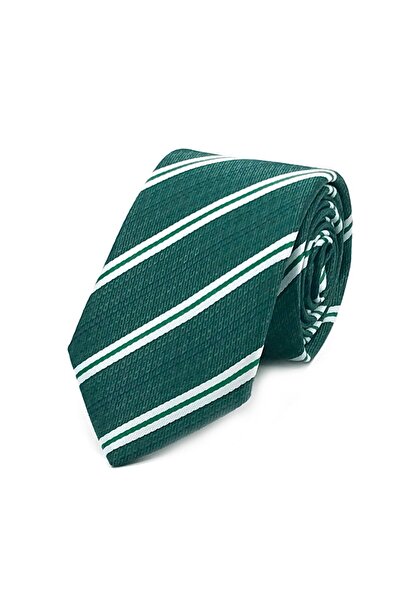 Sade Kravat Yeşil Beyaz Çizgili Orta İnce Kravat 30932 Yeşil