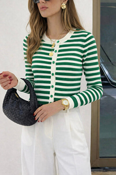 oshebu Women's Striped Button-Front Knit Cardigan