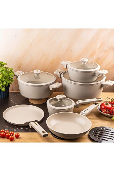 Kraft Cast aluminum pot set with non-stick coating, beige, 12 pieces, Klausberg