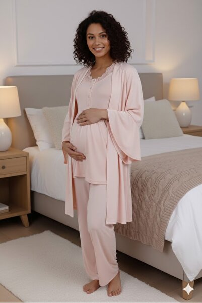LOHOUSE Women's Powder Jacquard Flounce Sleeves Cotton Maternity Pajama Set 3...