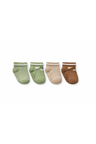 SOLDE SOCKS مجموعة من 4 جوارب قطنية يومية للأطفال - مخططة ومضادة للانزلاق، عا...
