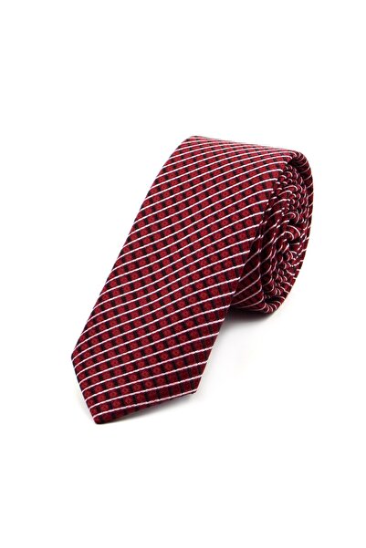 Sade Kravat Kırmızı Siyah Beyaz Küçük Kareli İnce Kravat 30722 Kırmızı