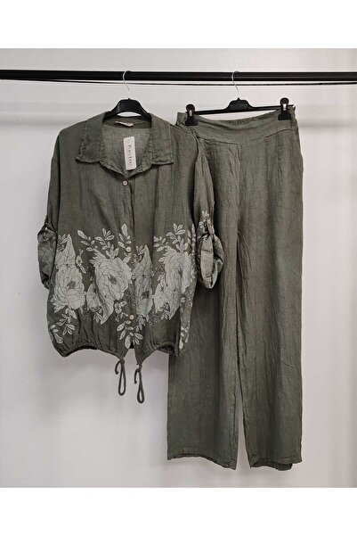 della moor Women's Khaki Italian Floral Patterned O Oversized Linen Bottom-To...