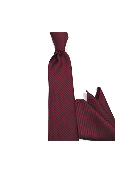 Sade Kravat Bordo Özel Çizgili Mendilli Kravat 32209 Bordo