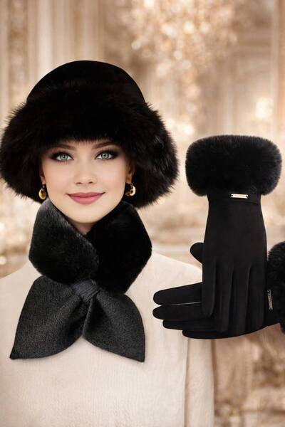 Yeşilmoda Women's Furry 3-Piece Winter Set – Hat, Scarf, and Gloves |   Soft ...
