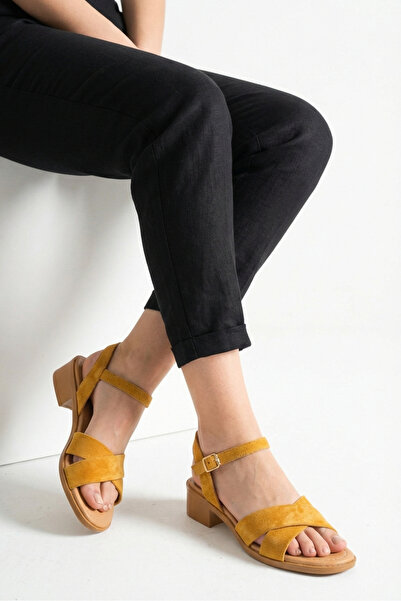 GRADA Yellow Suede Genuine Leather Cross-Strapped Short Heeled Women's Sandal...
