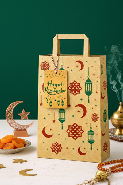 Dekals SET Ramazan Ayı Kraft Hediye Kutusu Poşeti 27x32 (Flat Çanta+İp+ Hayır...