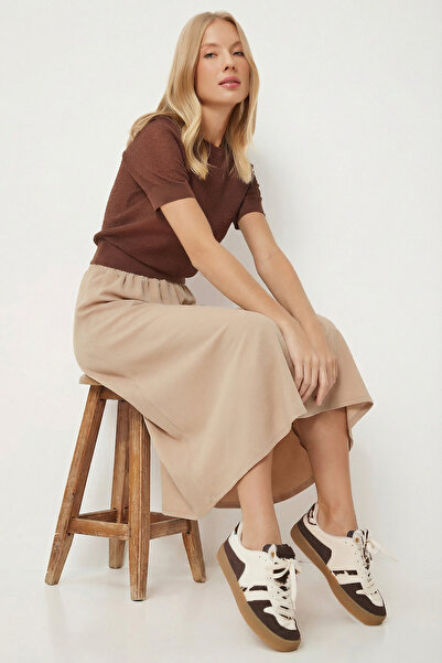 Lovelyİstanbul تنورة محبوكة واسعة مع جيوب LRN0003 بيج