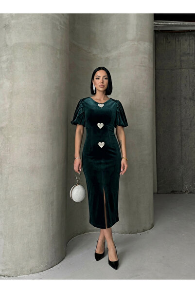 ALFUDO Moda Collection Velvet Heart Buttoned Midi Evening Dress