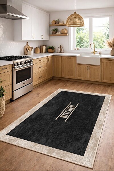 VOPTEKS Siyah Vizon Halı Mutfak Halısı Makinede Yıkanabilir Halı Kaymaz Taban...