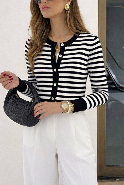 oshebu Women's Striped Button-Front Knit Cardigan