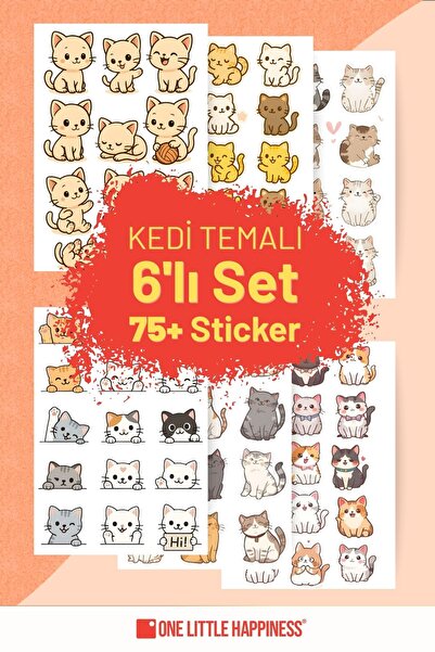 One Little Happiness Kedi Temalı 6'lı Set 75+ Adet Sticker, Ajanda, Günlük, Ç...