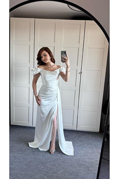 AYŞENUR DİNÇER Balon Kol Saten Abiye Beyaz