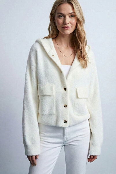 Qaju Women's Hooded Gold Buttoned Plush Textured Jacket – White