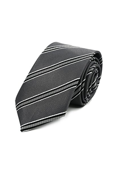 Sade Kravat Füme Gri Siyah Beyaz Çizgili Kravat 31761 Gri