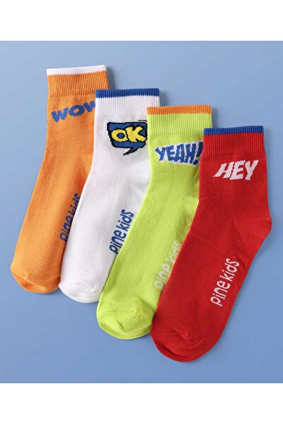 Pine kids Cotton Knit Ankle Length Socks With Text Design (Pack of 4) - Assorted