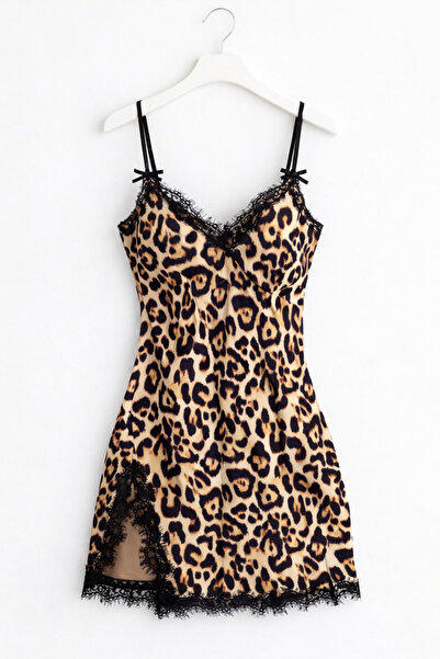 MEVABU Leopard Lace Detail Slit Ultra Mini Nightgown