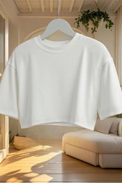 Tarz Cool تي شيرت نسائي أبيض برقبة دائرية قصة فضفاضة - 100% قطن بأكمام قصيرة