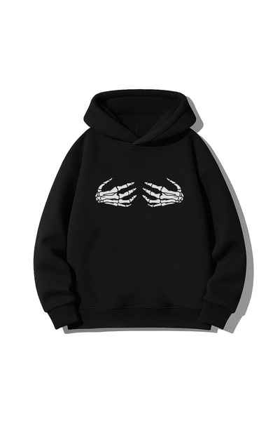 MODA Hanorac negru cu glugă Skeleton El B cu imprimeu tricou