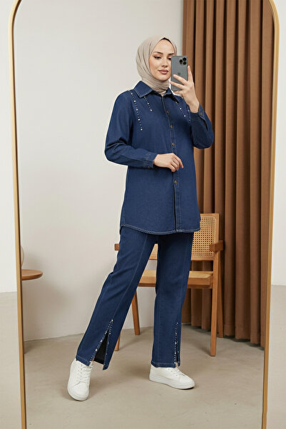 MODAQU Slit Detailed Stoned Tunic Trousers Jeans Set - Navy Blue