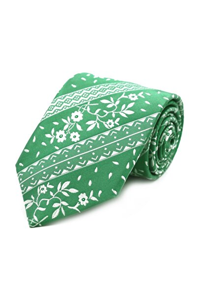 Sade Kravat Soft Green White Special Woven Special Striped Floral Patterned T...