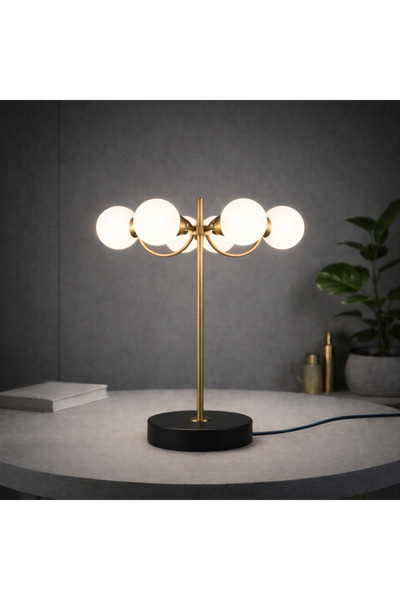 VEYRA Modern 6'lı Glop Cam Küre Masa Lambası - Gold & Siyah Gövde