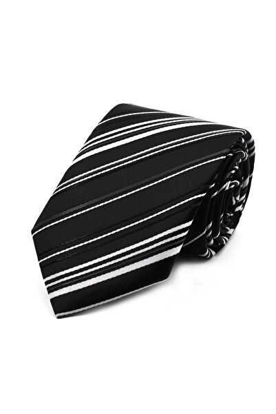 Sade Kravat Siyah Beyaz Çizgili Kravat 31611 Siyah