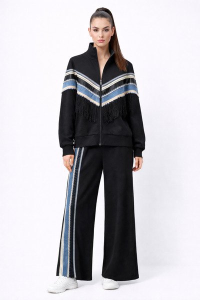 günay boutıque Tassel Detailed Zippered Women's Tracksuit Set – Black with Bl...