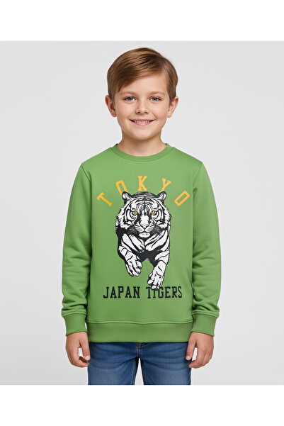 Pine kids Knit Full Sleeves Sweatshirt with Tiger Print - Green