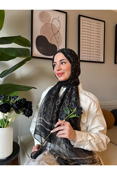 diorel CK Monogram Organze Marka Tül Şal -Siyah