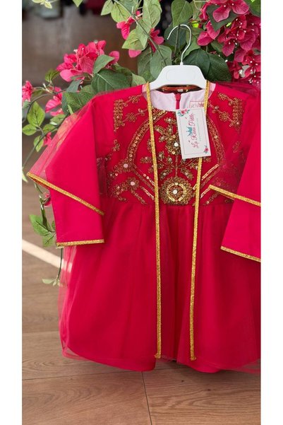 La reina petite Folk fuchsia embroidered dress with a tulle shawl by Larina Petite