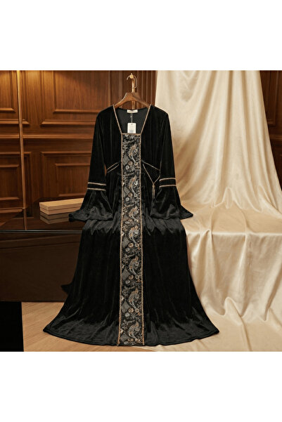 alqarat Royal Black Velvet Jalabiya with Intricate Embroidery