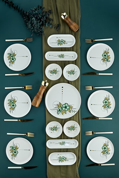 ers erbaşlar Pera Yeşil Çiçekli 15 Parça 6 Kişilik Büyük Kahvaltı Takımı, Kah...