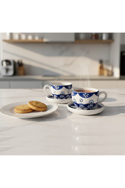 RGS HOMELİFE El Yapımı Nazar Boncuk Desenli, 4 Parça 2 Kişilik Çay Fincanı Ta...