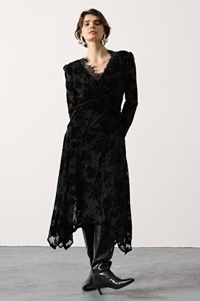 Trend Alaçatı Stili Women's black lace detailed patterned asymmetric dress al...