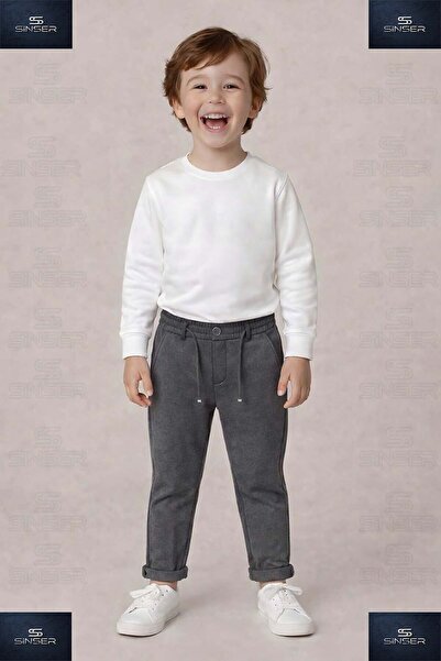 SS SİNSER بنطلون للأولاد بخصر مطاطي وطيات قماش قابل للتمدد جانبية على طراز ال...