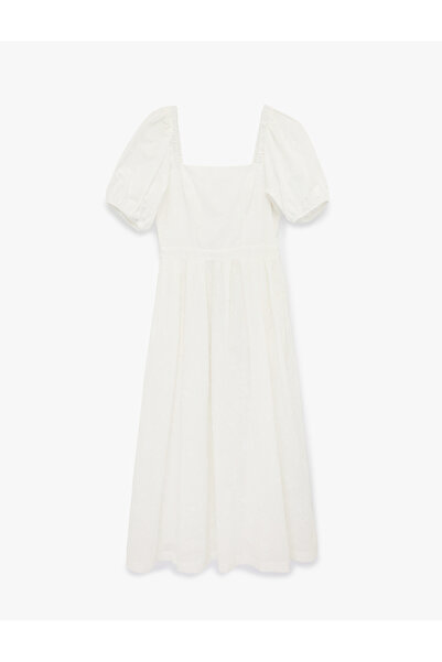 Koton Cotton Square Neck Short Balloon Sleeve Midi Dress