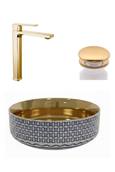 KAVİTİCARET Gold Detaylı Çanak Lavabo ve Çanak Batarya (3 Lü Set)