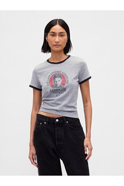 GAP Kadın Gri Stranger Things Organik Pamuk VintageSoft Crop T-Shirt