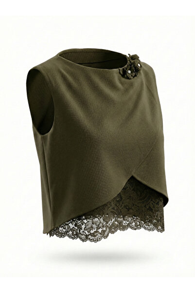 Sassofono Dantel Detaylı Çapraz Katlı Kolsuz Bluz