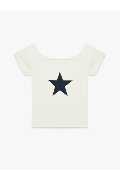 Koton Tricou din bumbac cu mânecă scurtă, fără umăr, cu imprimeu