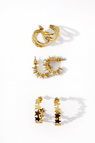 New Obsessions Gold 6-Piece Pearl and Star Detailed Hoop Earring Set