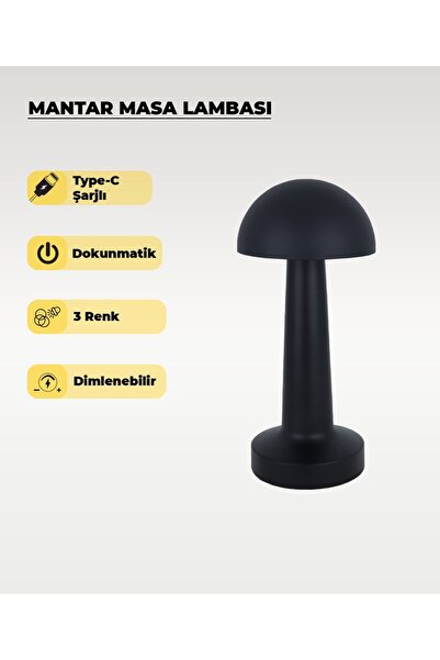 AC AYDINLATMA Siyah Mantar Masa Lambası - Dokunmatik - 3 Renk Işık